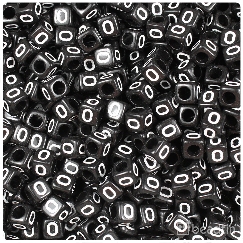 Black Opaque 6mm Cube Alpha Beads - White Letter O (80pcs)