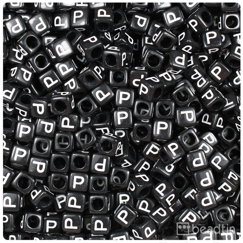 Black Opaque 6mm Cube Alpha Beads - White Letter P (80pcs)