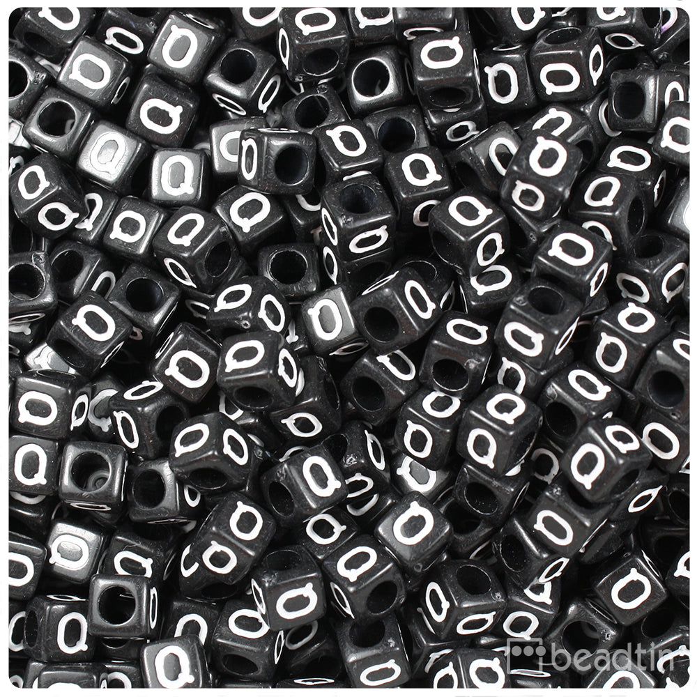 Black Opaque 6mm Cube Alpha Beads - White Letter Q (80pcs)