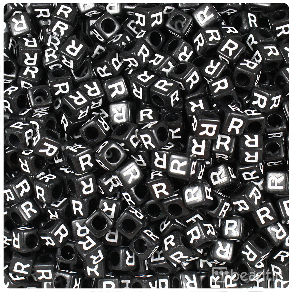 Black Opaque 6mm Cube Alpha Beads - White Letter R (80pcs)