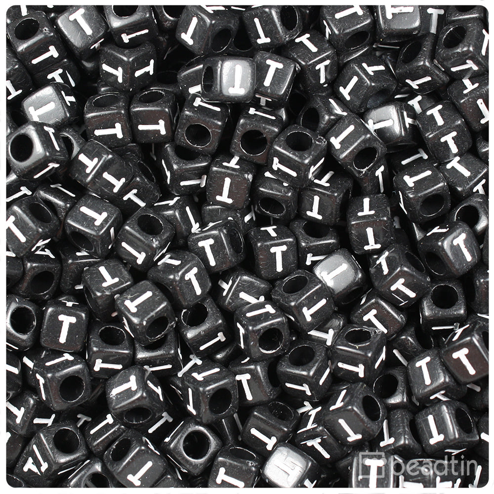 Black Opaque 6mm Cube Alpha Beads - White Letter T (80pcs)
