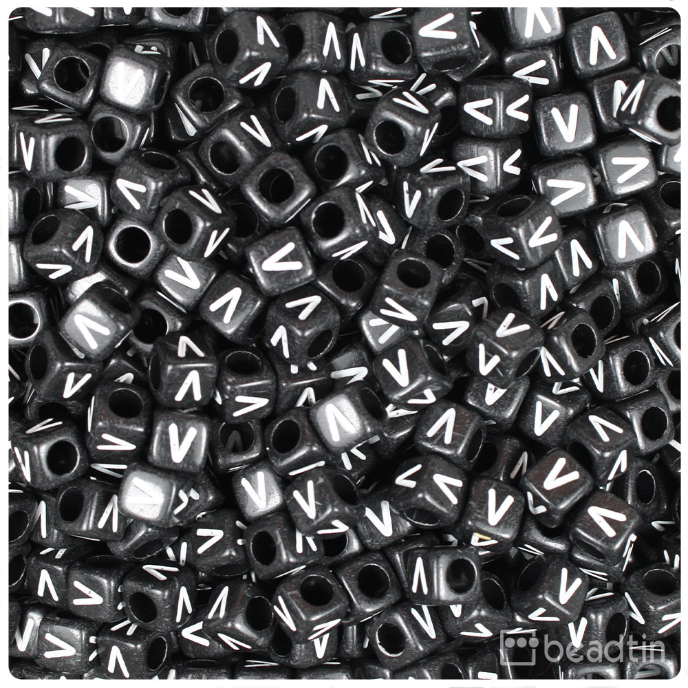 Black Opaque 6mm Cube Alpha Beads - White Letter V (80pcs)