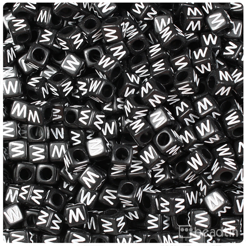 Black Opaque 6mm Cube Alpha Beads - White Letter W (80pcs)