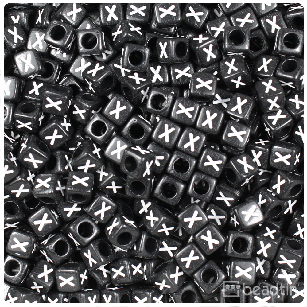 Black Opaque 6mm Cube Alpha Beads - White Letter X (80pcs)