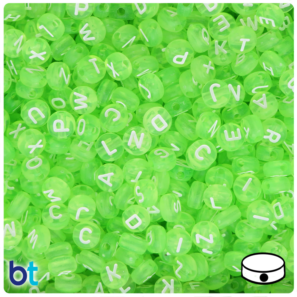 Light Green Transparent 7mm Coin Alpha Beads - White Letter Mix (250pcs)