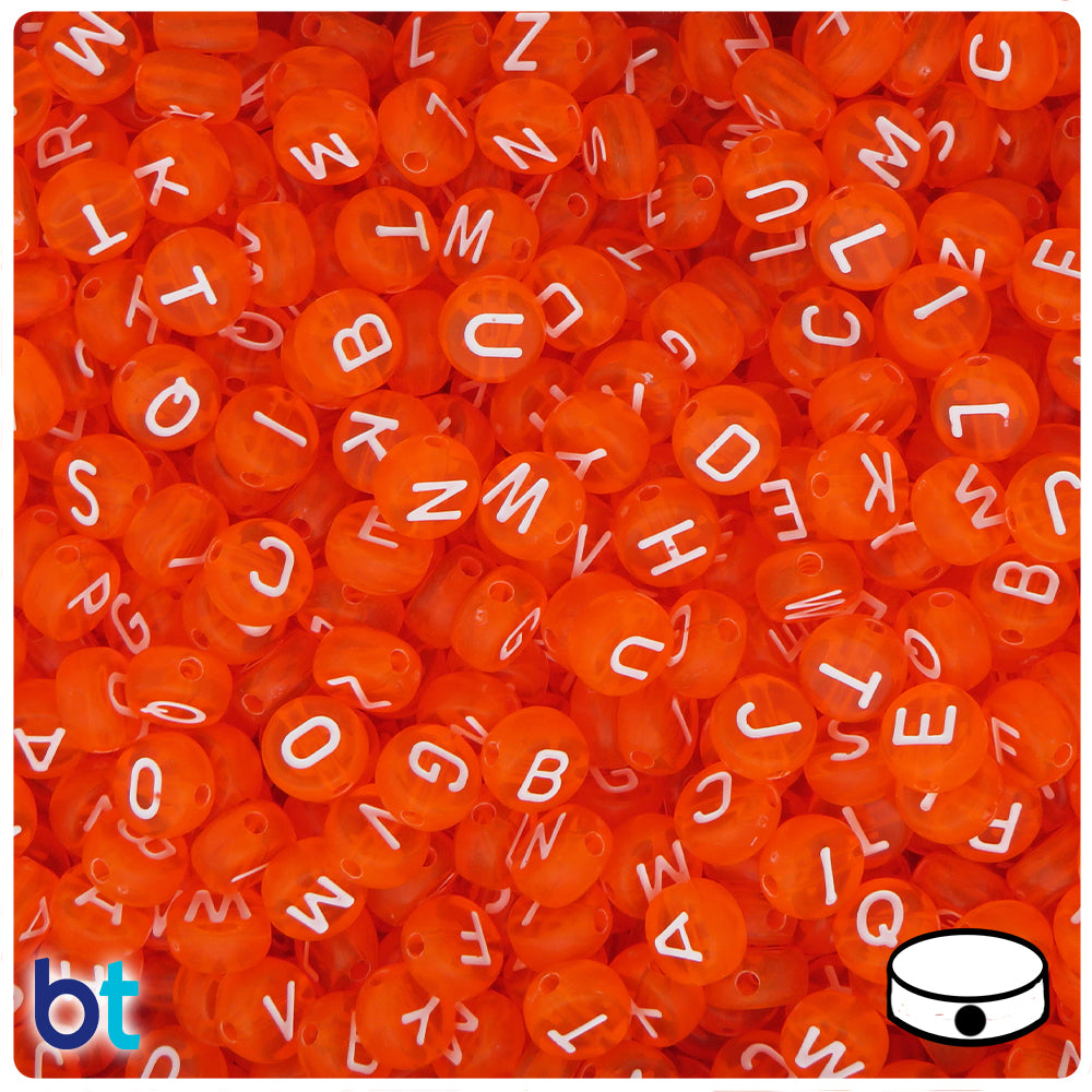 Orange Transparent 7mm Coin Alpha Beads - White Letter Mix (250pcs)