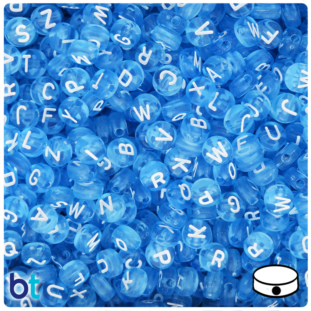 Light Blue Transparent 7mm Coin Alpha Beads - White Letter Mix (250pcs)