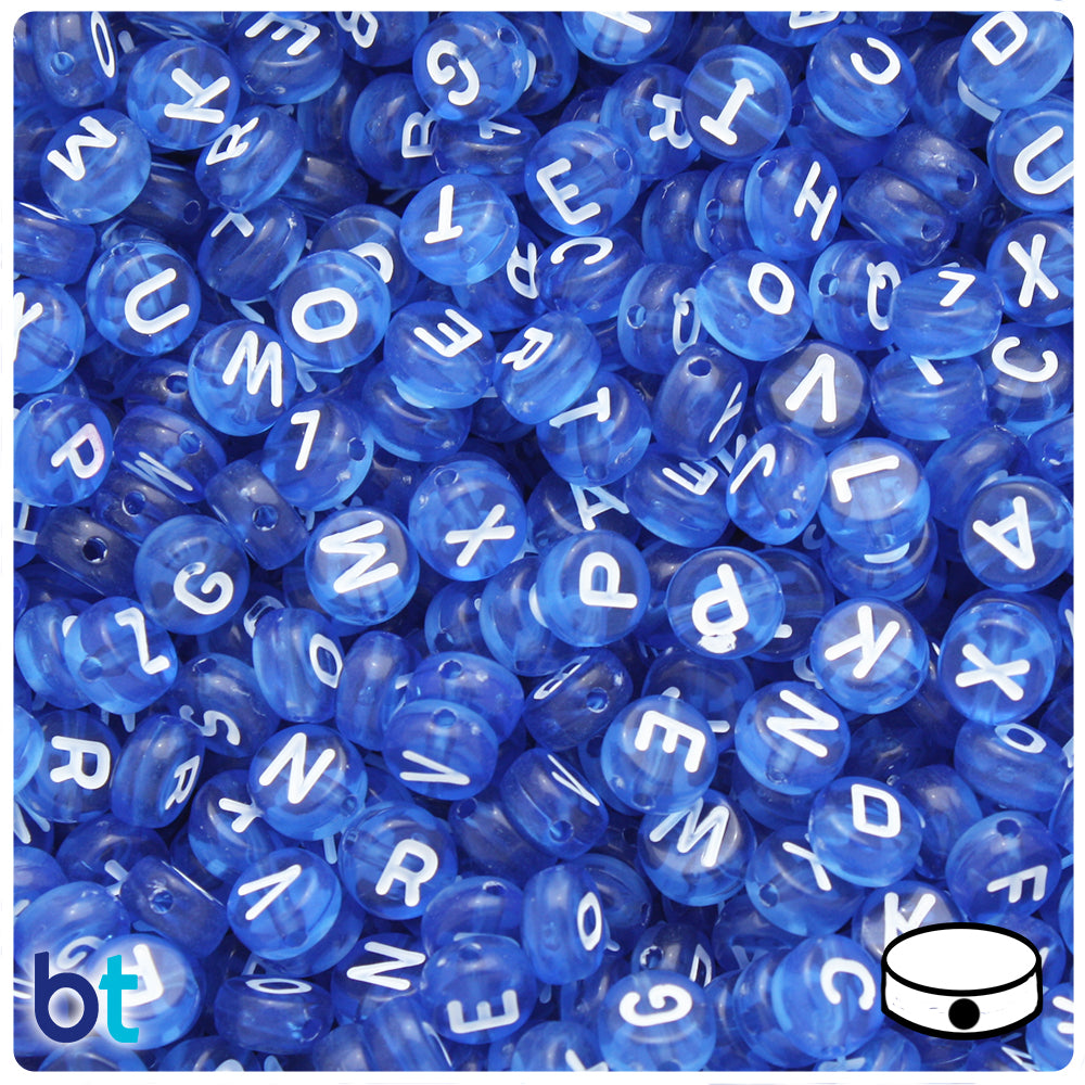 Dark Blue Transparent 7mm Coin Alpha Beads - White Letter Mix (250pcs)