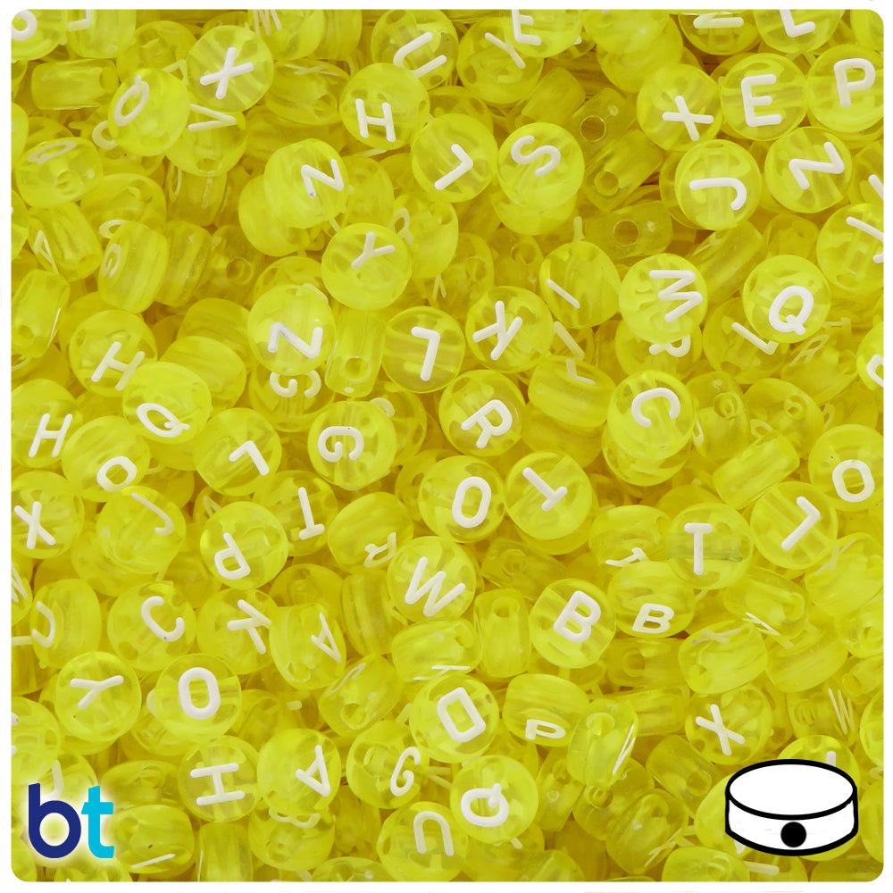 Yellow Transparent 7mm Coin Alpha Beads - White Letter Mix (250pcs)