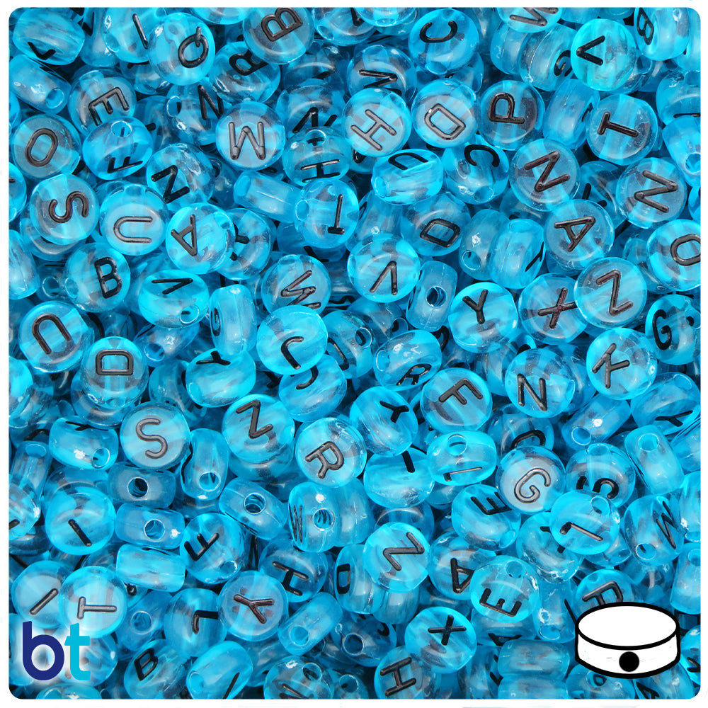 Turquoise Transparent 7mm Coin Alpha Beads - Black Letter Mix (250pcs)