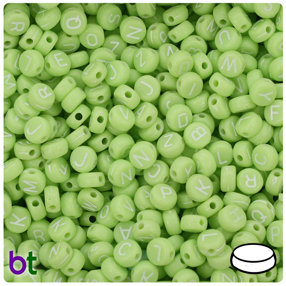 Green Opaque 7mm Coin Alpha Beads - White Letter Mix (250pcs)