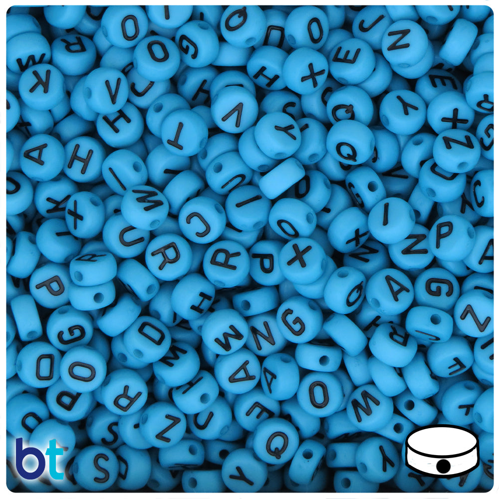 Turquoise Opaque 7mm Coin Alpha Beads - Black Letter Mix (250pcs)