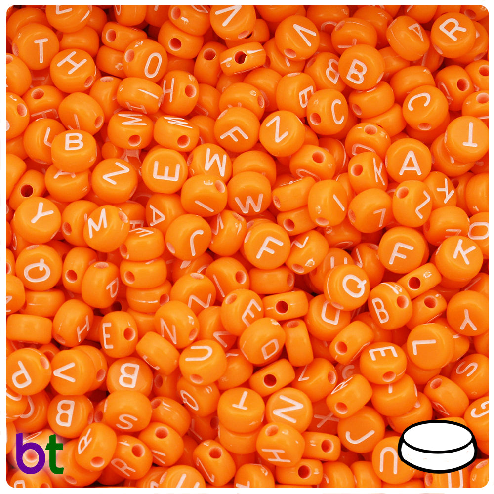 Orange Opaque 7mm Coin Alpha Beads - White Letter Mix (250pcs)