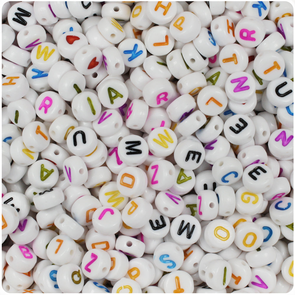 White Opaque 7mm Coin Alpha Beads - Colors Letter Mix (250pcs)