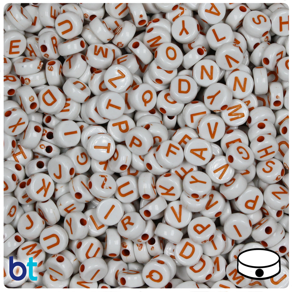 White Opaque 7mm Coin Alpha Beads - Orange Letter Mix (250pcs)