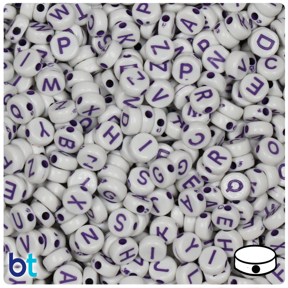 White Opaque 7mm Coin Alpha Beads - Purple Letter Mix (250pcs)