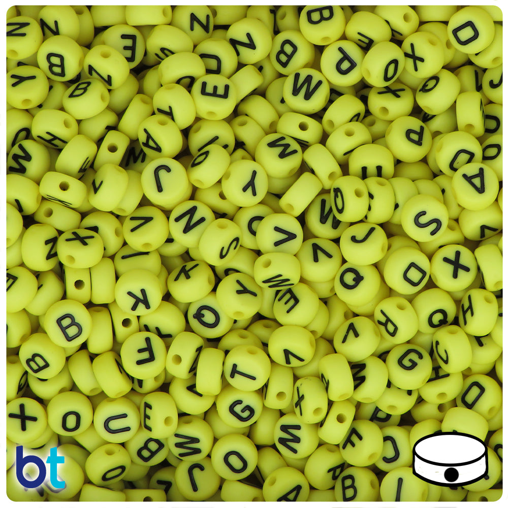 Yellow Opaque 7mm Coin Alpha Beads - Black Letter Mix (250pcs)