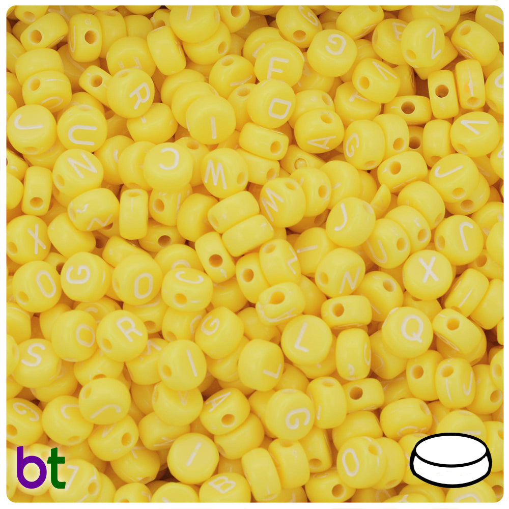 Yellow Opaque 7mm Coin Alpha Beads - White Letter Mix (250pcs)