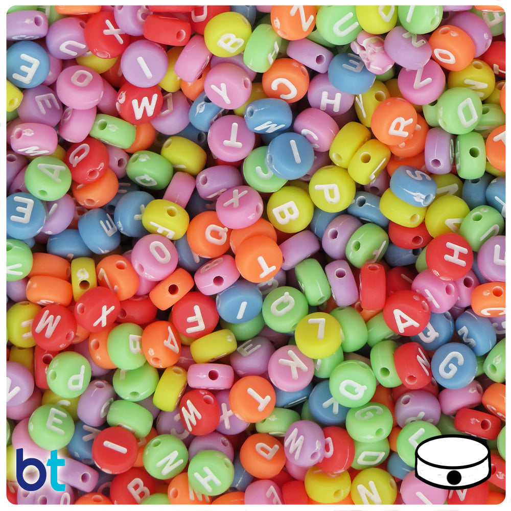 Mixed Opaque 7mm Coin Alpha Beads - White Letter Mix (250pcs)