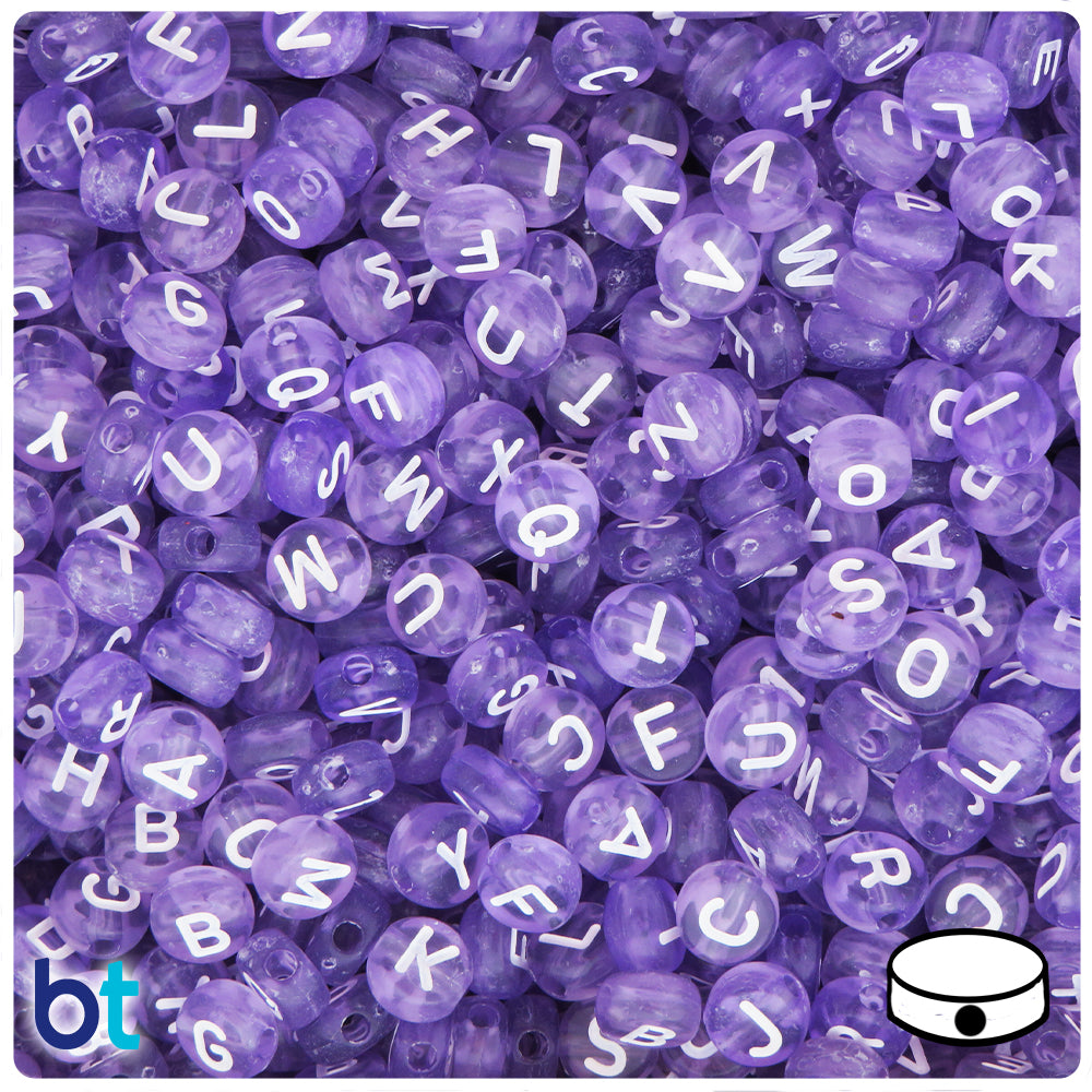 Light Purple Transparent 7mm Coin Alpha Beads - White Letter Mix (250pcs)