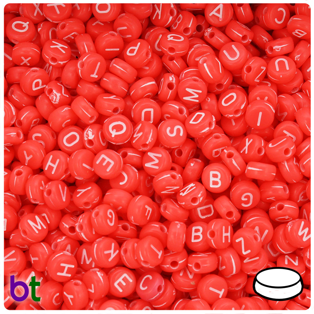 Red Opaque 7mm Coin Alpha Beads - White Letter Mix (250pcs)
