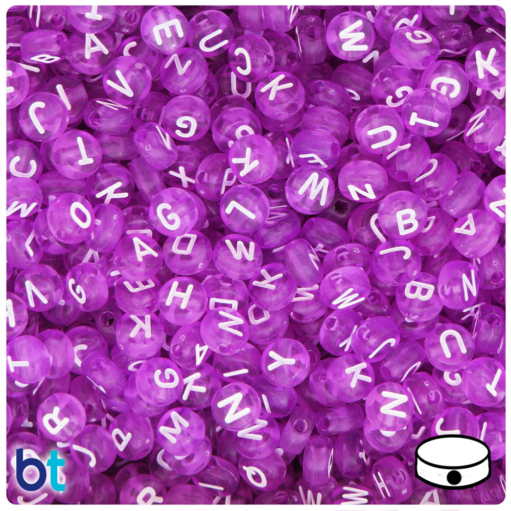 Dark Purple Transparent 7mm Coin Alpha Beads - White Letter Mix (250pcs)