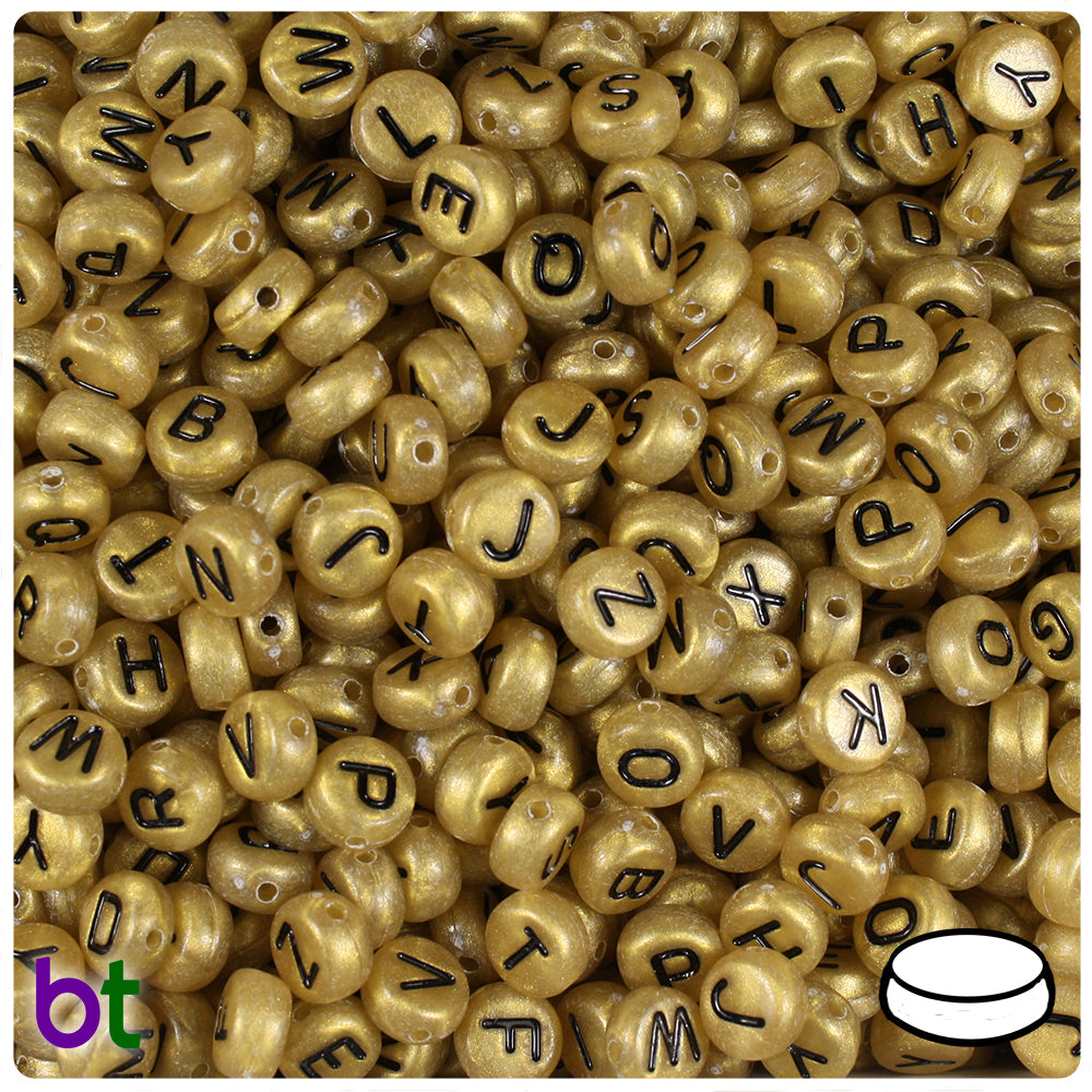 Gold Pearl 7mm Coin Alpha Beads - Black Letter Mix (250pcs)
