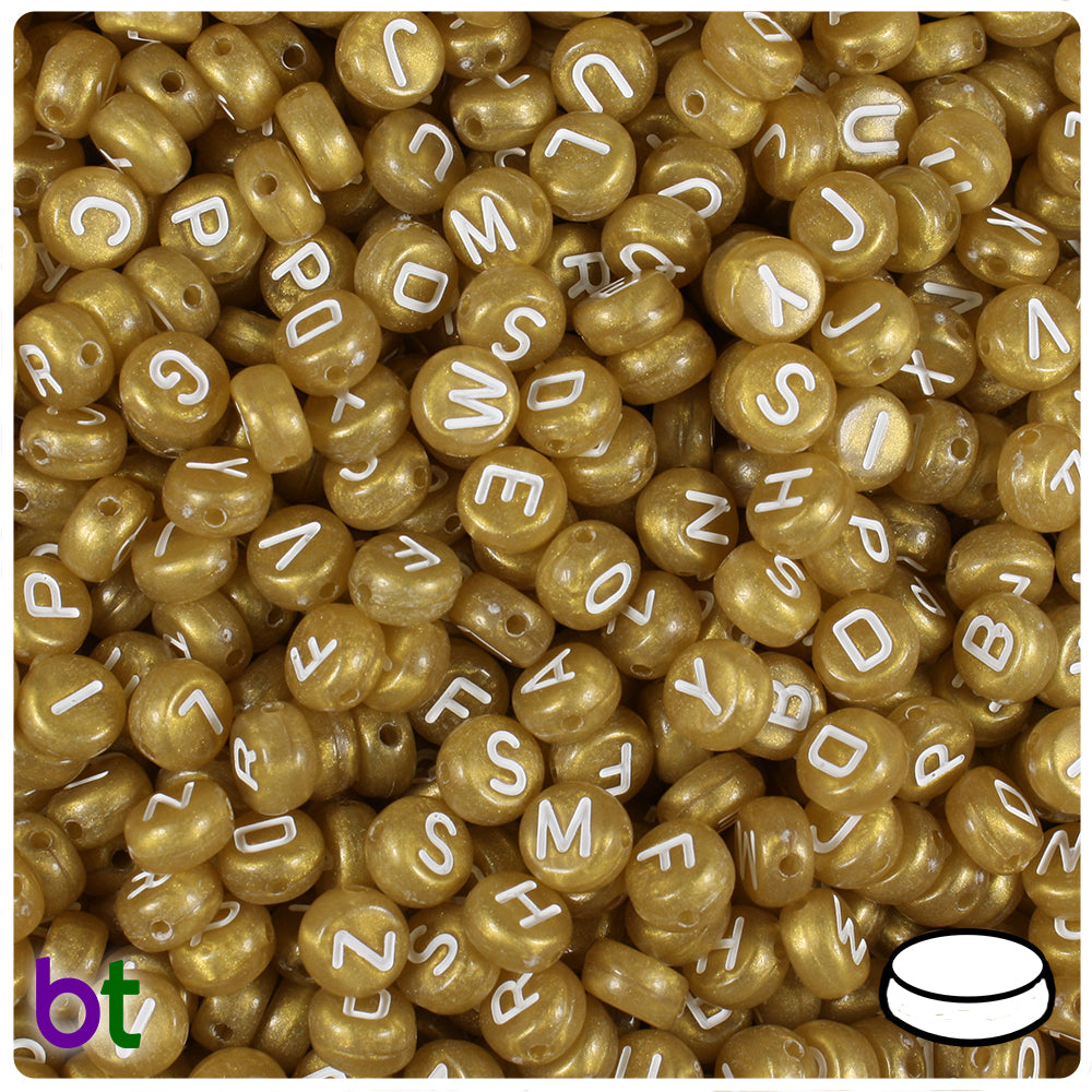 Gold Pearl 7mm Coin Alpha Beads - White Letter Mix (250pcs)