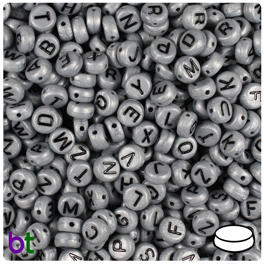 Silver Pearl 7mm Coin Alpha Beads - Black Letter Mix (250pcs)