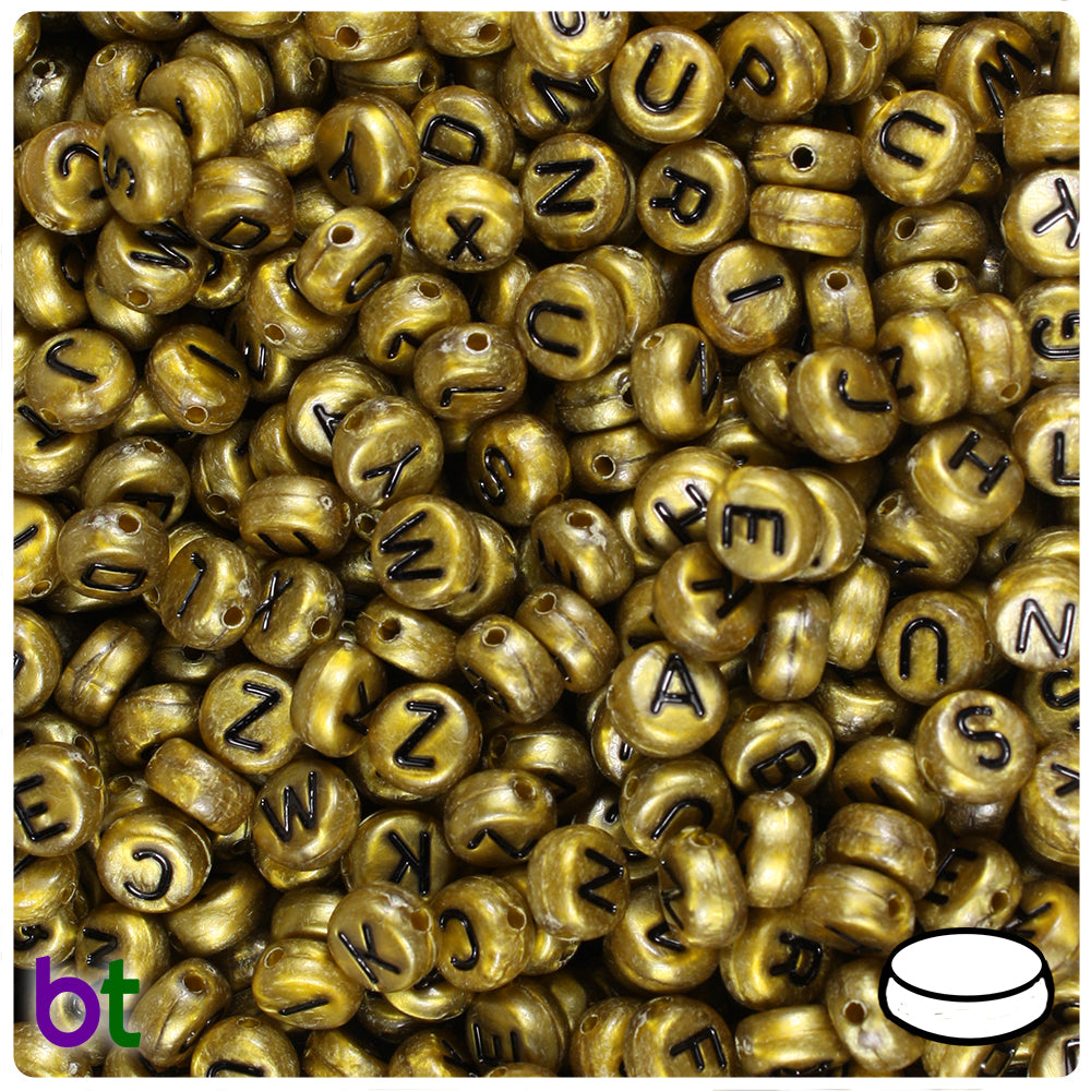 Bronze Pearl 7mm Coin Alpha Beads - Black Letter Mix (250pcs)