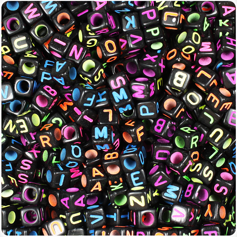 Black Opaque 6mm Cube Alpha Beads - Colored Letter Mix (200pcs)