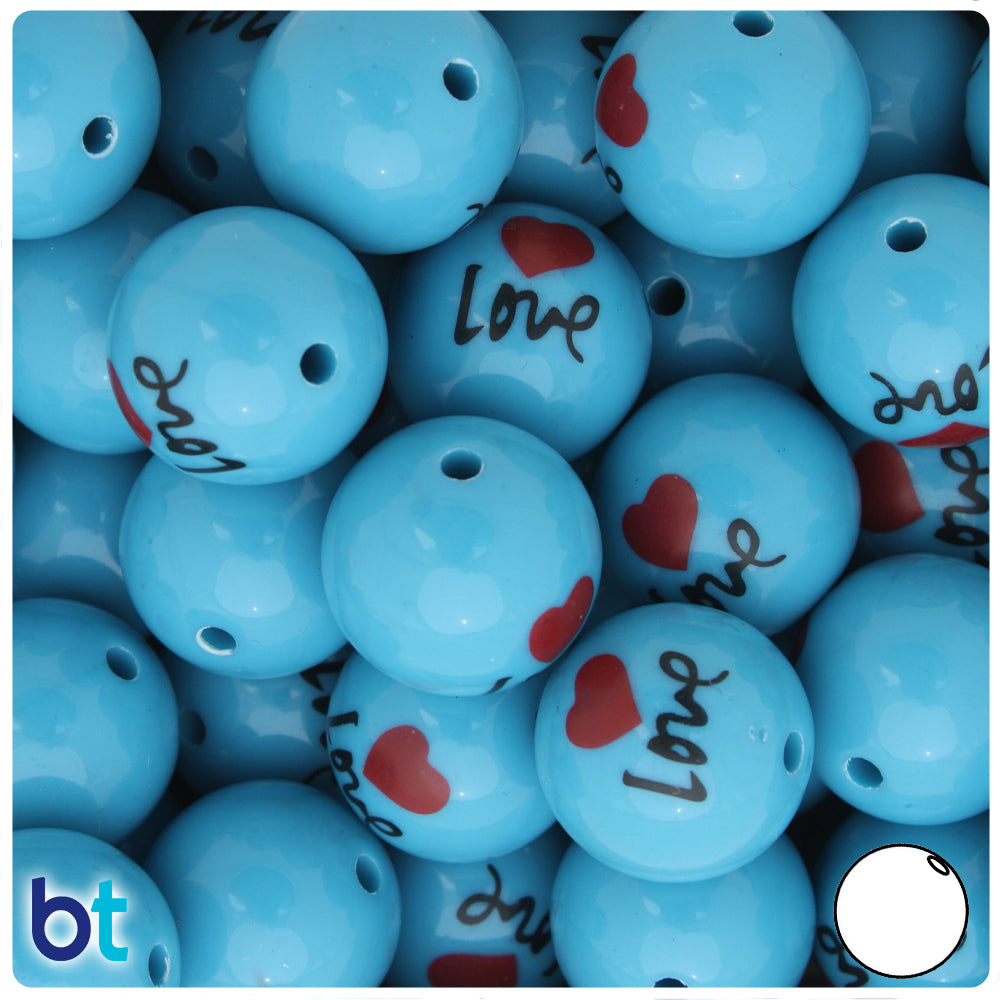 Blue Opaque 20mm Round Plastic Beads - Love & Heart (10pcs)