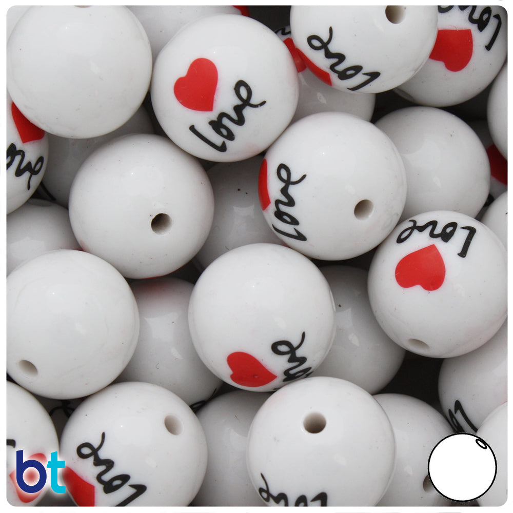 White Opaque 20mm Round Plastic Beads - Love & Heart (10pcs)
