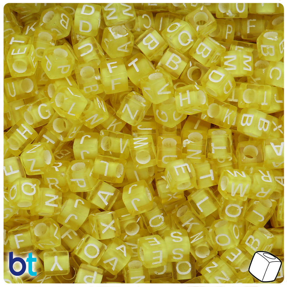 Yellow Transparent 6mm Cube Alpha Beads - White Letter Mix (200pcs)