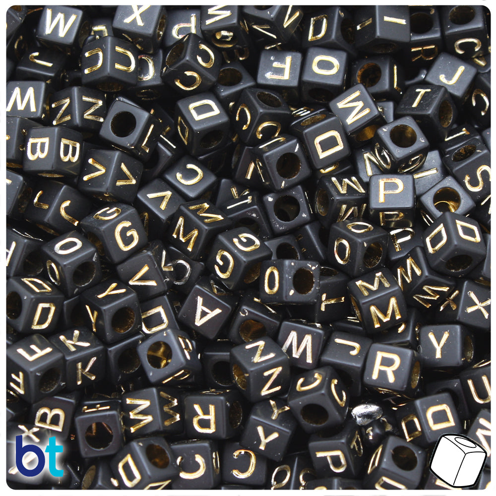 Black Opaque 6mm Cube Alpha Beads - Gold Letter Mix (200pcs)