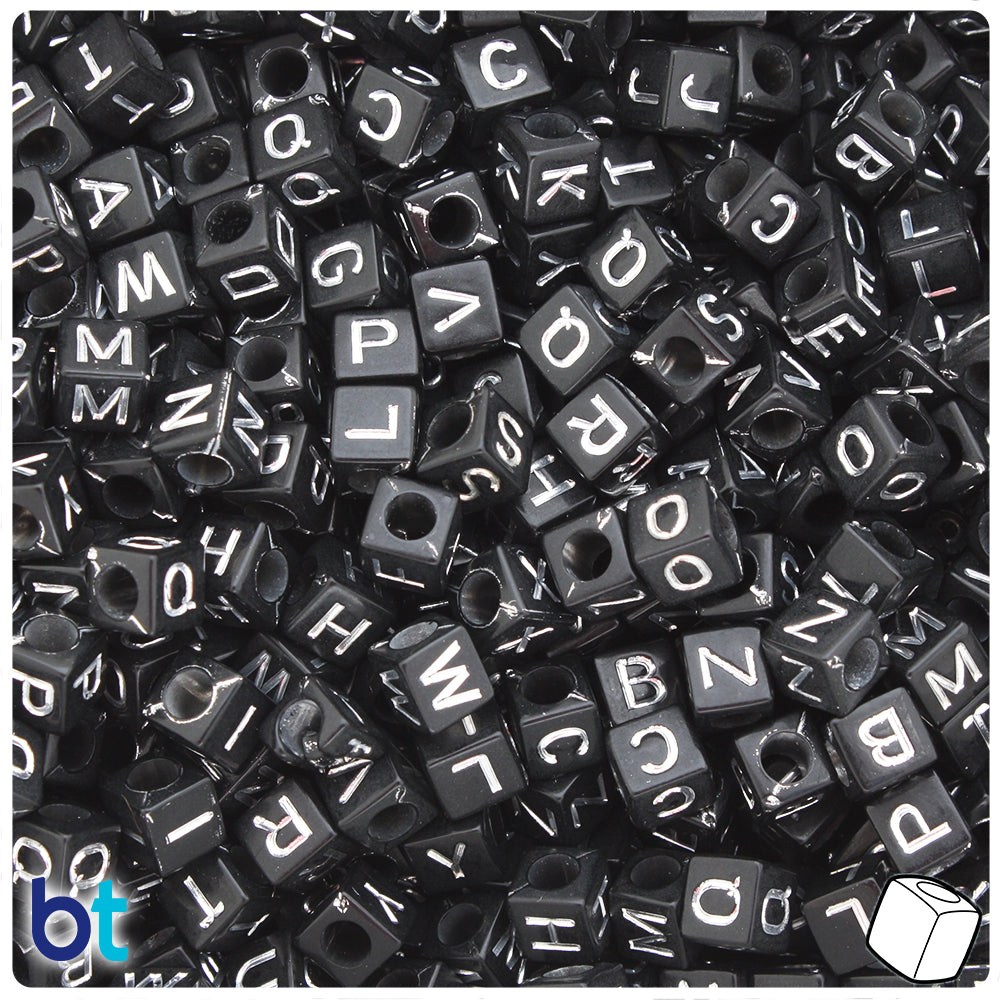 Black Opaque 6mm Cube Alpha Beads - Silver Letter Mix (200pcs)