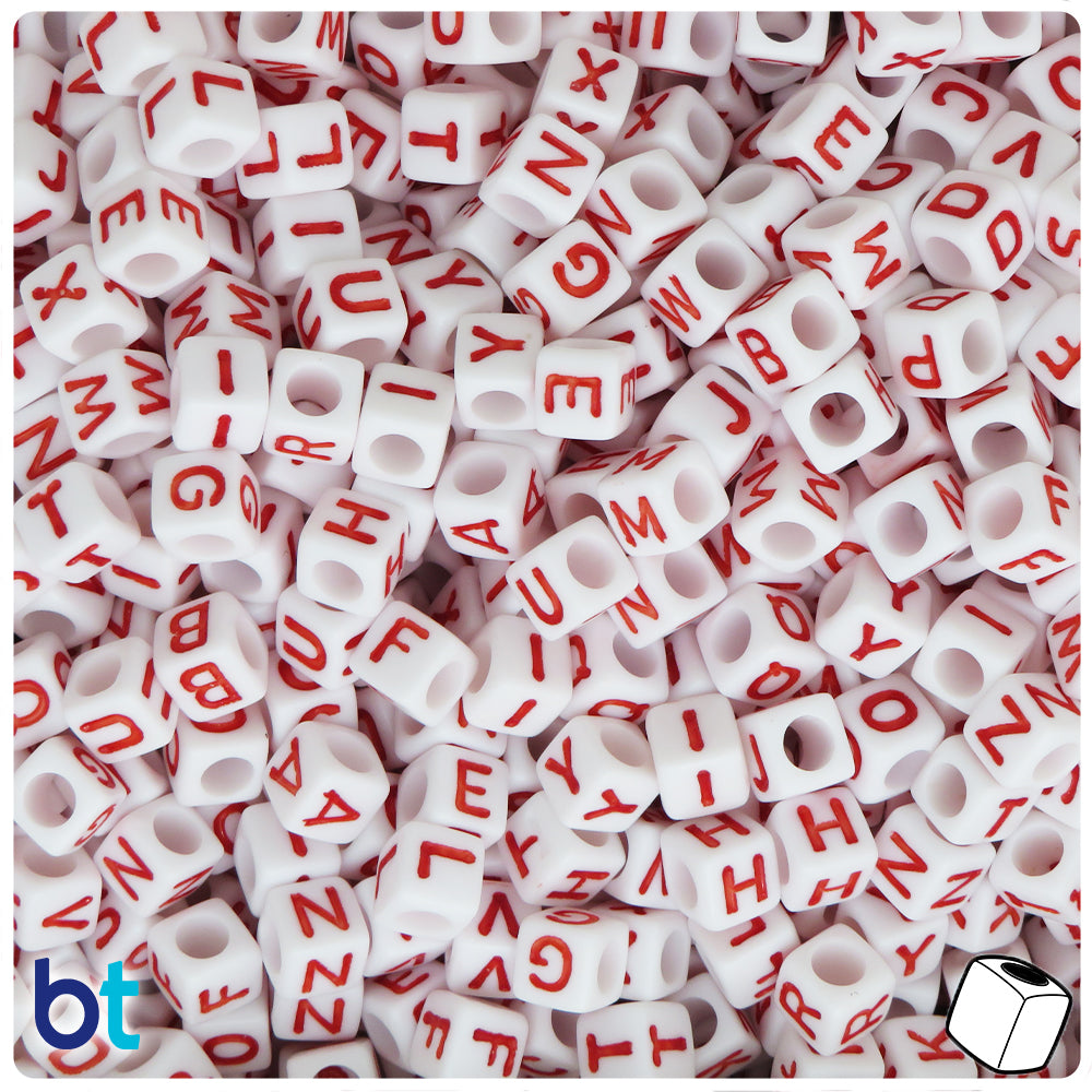 White Opaque 6mm Cube Alpha Beads - Red Letter Mix (200pcs)