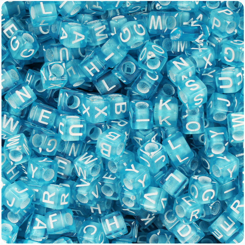 Blue Transparent 6mm Cube Alpha Beads - White Letter Mix (200pcs)
