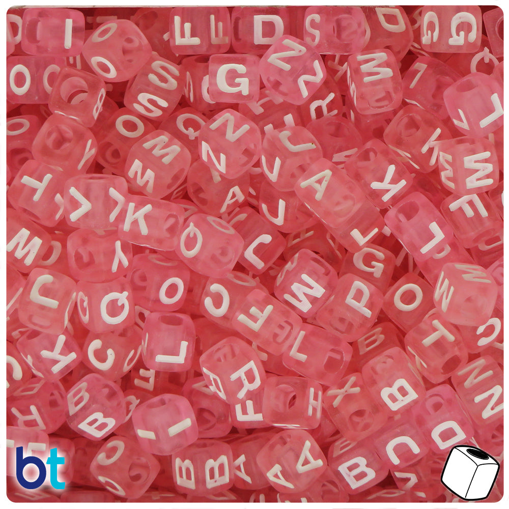Pink Transparent 7mm Cube Alpha Beads - White Letter Mix (200pcs)