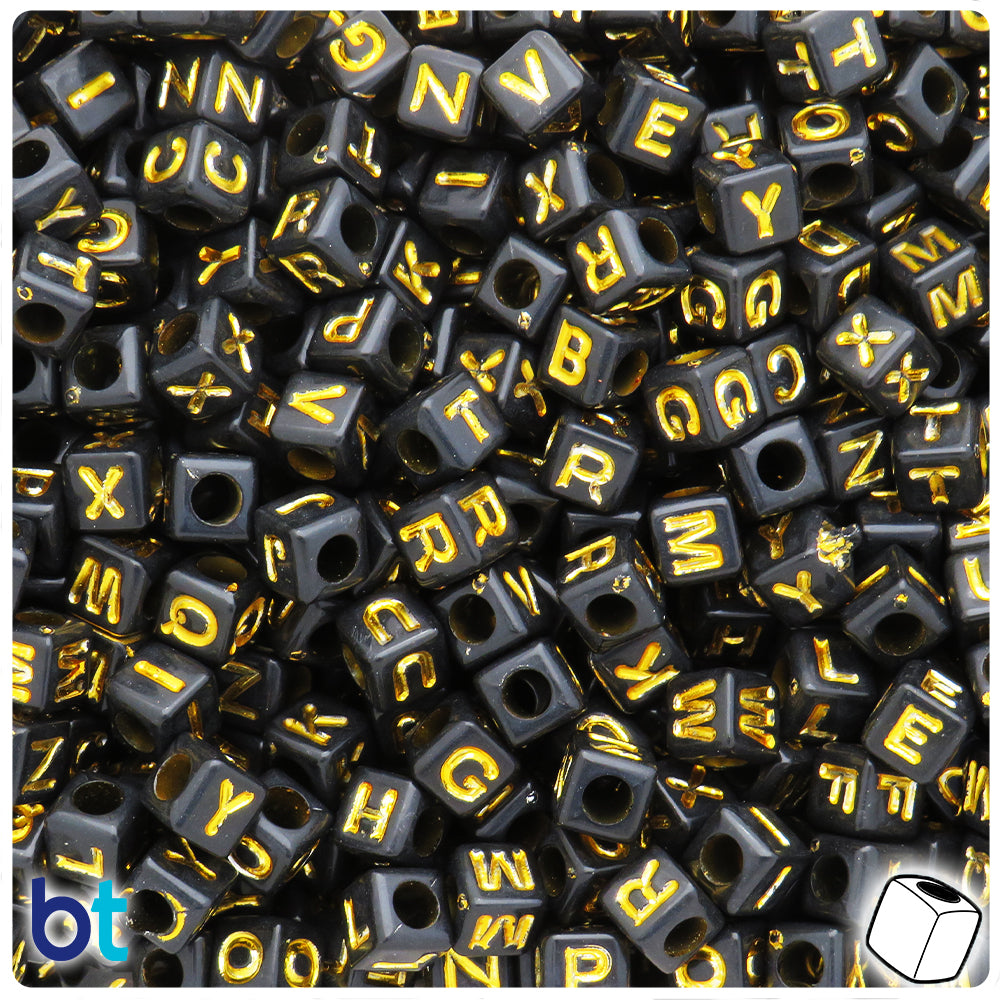 Black Opaque 7mm Cube Alpha Beads - Gold Letter Mix (200pcs)
