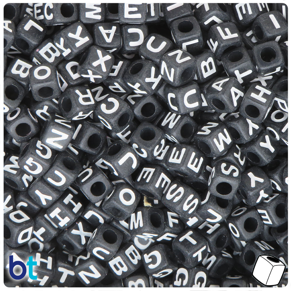Black Opaque 7mm Cube Alpha Beads - White Letter Mix (200pcs)