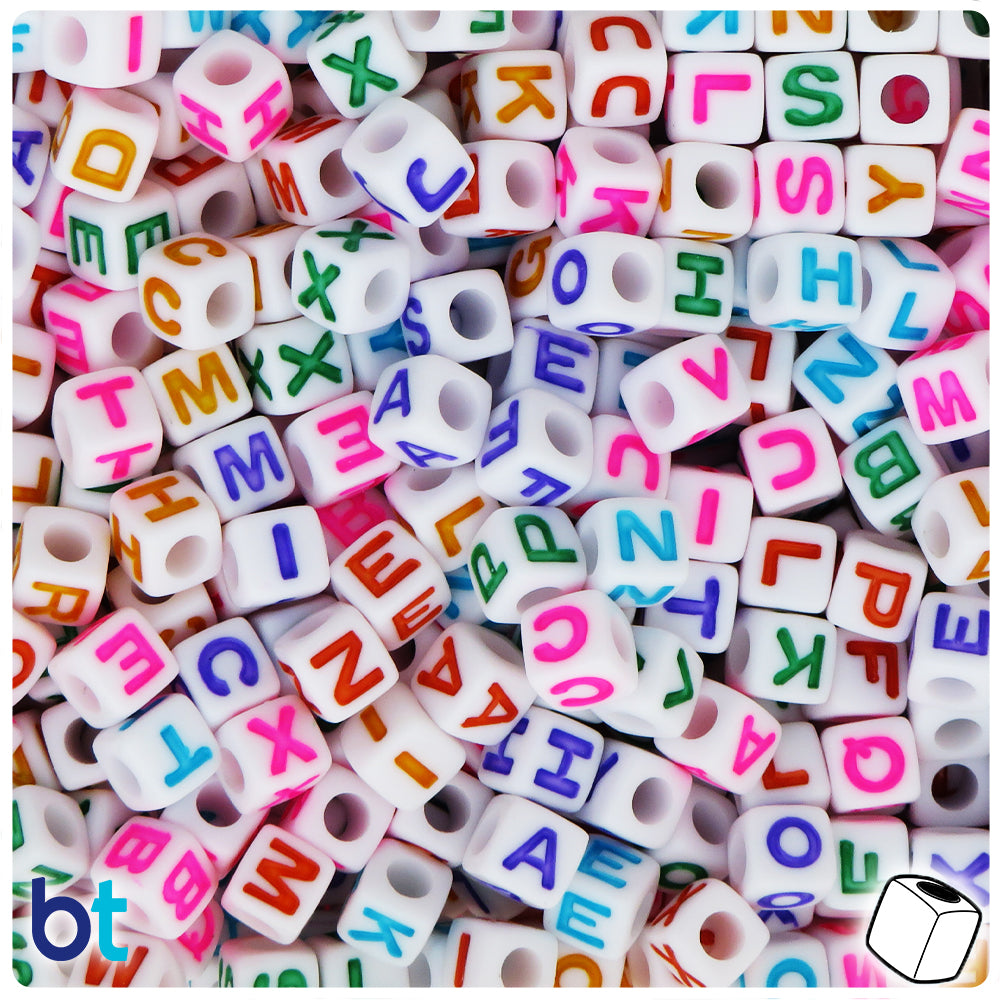 White Opaque 7mm Cube Alpha Beads - Colored Letter Mix (200pcs)