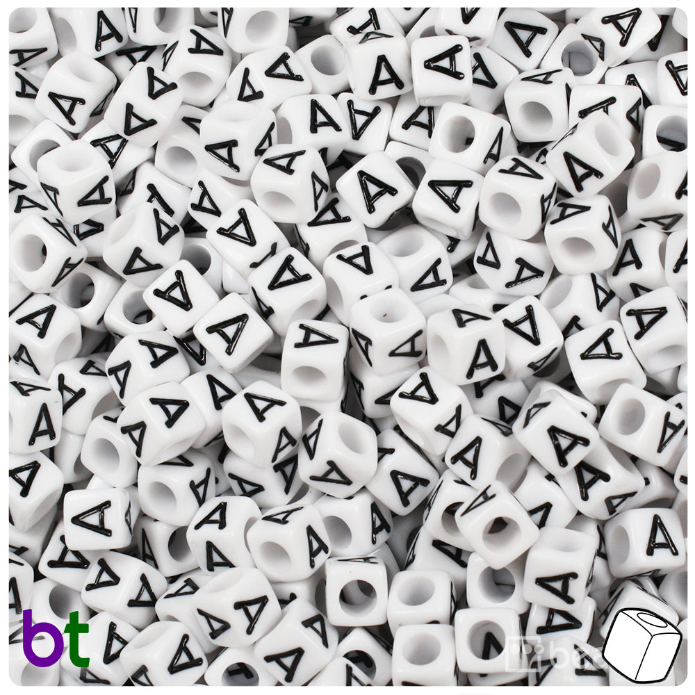 White Opaque 6mm Cube Alpha Beads - Black Letter A (80pcs)