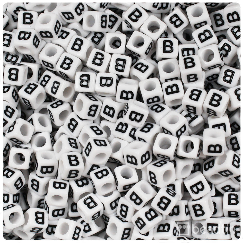 White Opaque 6mm Cube Alpha Beads - Black Letter B (80pcs)