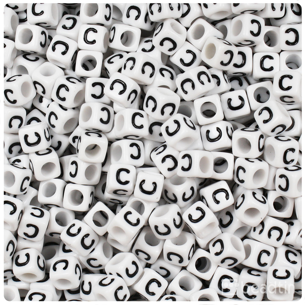 White Opaque 6mm Cube Alpha Beads - Black Letter C (80pcs)