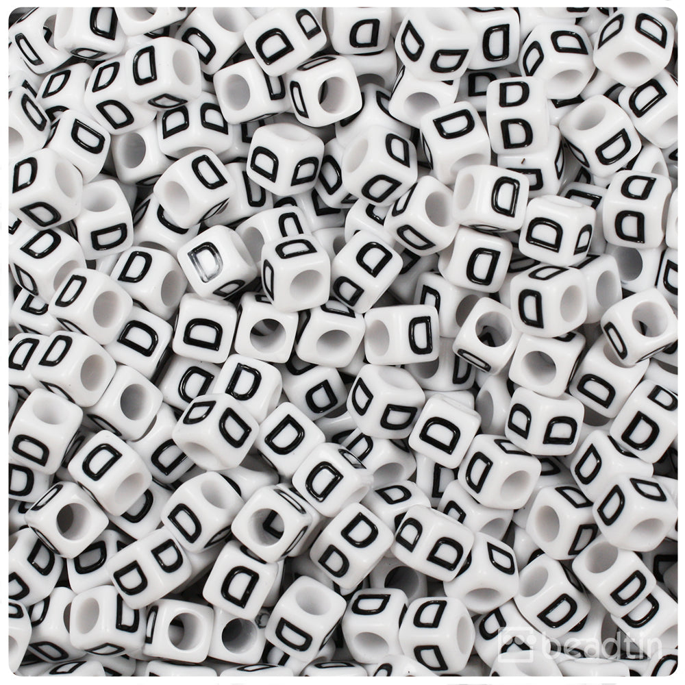 White Opaque 6mm Cube Alpha Beads - Black Letter D (80pcs)