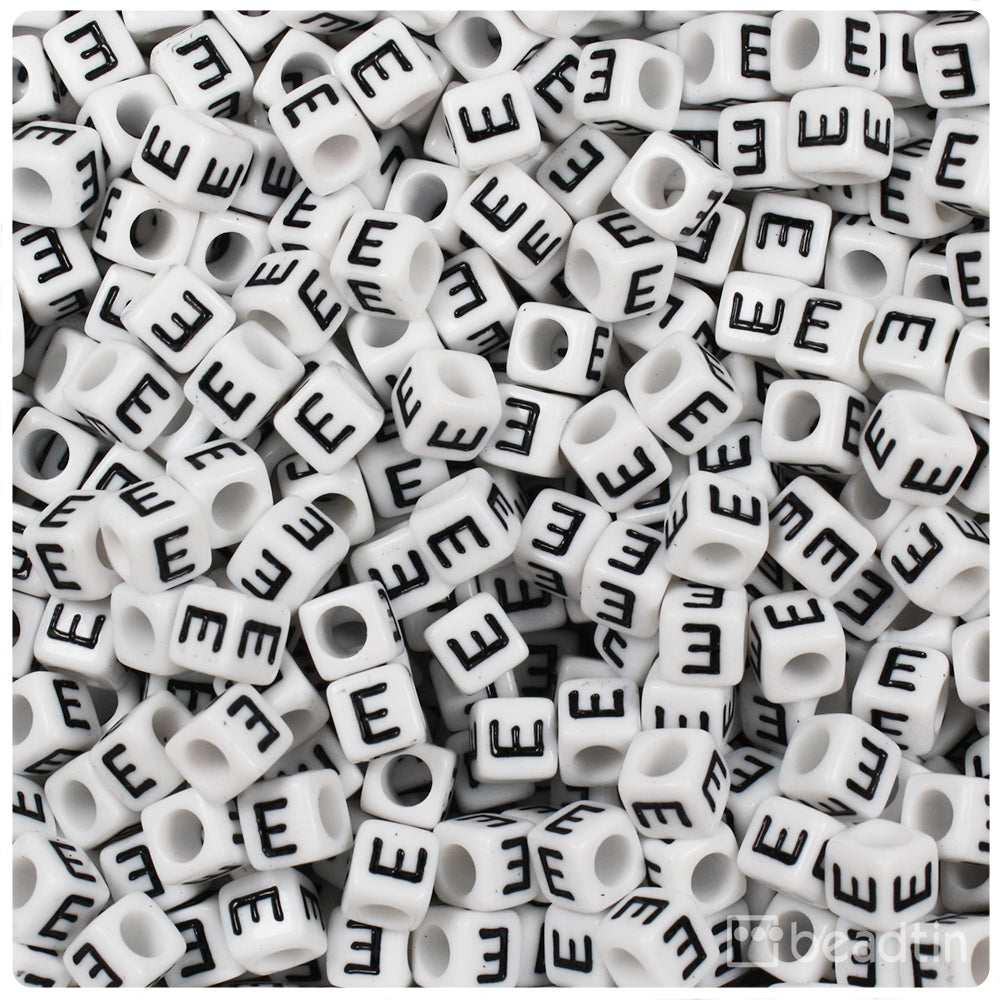 White Opaque 6mm Cube Alpha Beads - Black Letter E (80pcs)