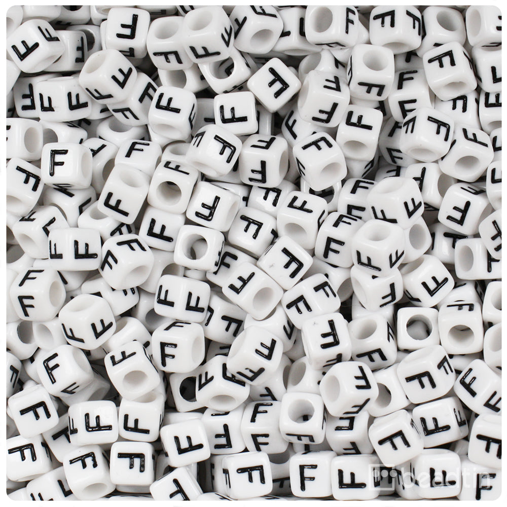 White Opaque 6mm Cube Alpha Beads - Black Letter F (80pcs)