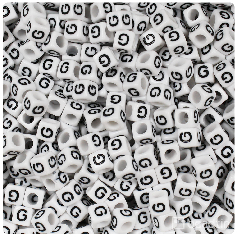 White Opaque 6mm Cube Alpha Beads - Black Letter G (80pcs)