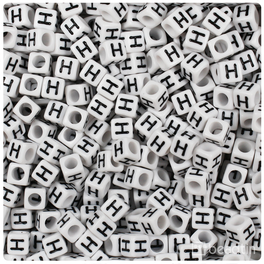 White Opaque 6mm Cube Alpha Beads - Black Letter H (80pcs)